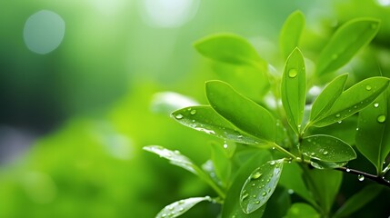 Fresh green leaves against blurred greenery natural background. Young plant with raindrops for ecology and nature concept.