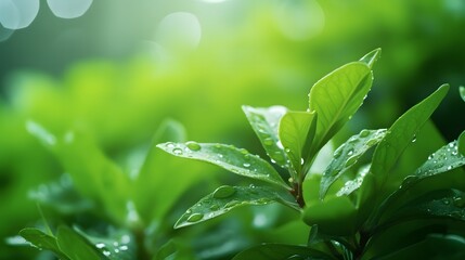 Fresh green leaves against blurred greenery natural background. Young plant with raindrops for...