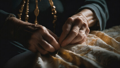 Closeup hands of a senior woman sewing quilt in low light, detail of embroidery, craftsmanship, generative AI