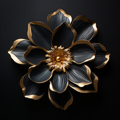 An art print of a black and gold flower, in the style of aerial photography, sculpted, extravagant table settings, uhd image, detailed compositions, simple, elegant compositions, ceramic

