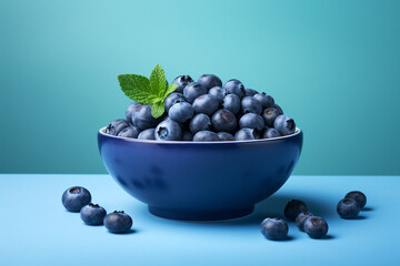 an  arrangement of fresh blueberries against a light blue and teal backdrop