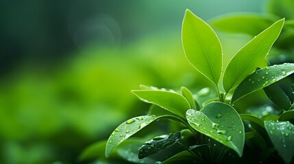 Fresh green leaves against blurred greenery natural background. Young plant with raindrops for ecology and nature concept. - obrazy, fototapety, plakaty