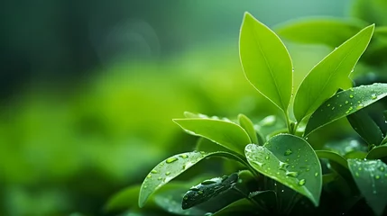 Foto op Plexiglas Fresh green leaves against blurred greenery natural background. Young plant with raindrops for ecology and nature concept. © Ziyan Yang