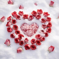 Roses on the snow in the shape of a heart