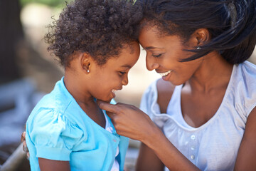 Girl, love or mother with smile in nature or forest to relax or bond on a summer holiday vacation...