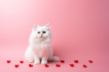 Studio photo of cute white cat near small red hearts on pastel pink background. Copy space for text. Valentines day, love, pets concept.