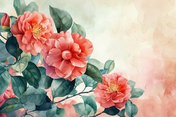 Camellias: These beautiful flowers symbolize admiration, perfection, and good luck, valentine theme, watercolor, copy space.