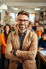 Fototapeta premium Happy teacher with diverse group of students in classroom
