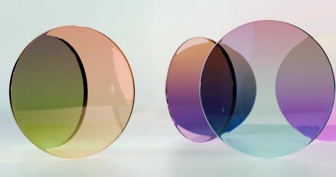 Animation сolorful translucent glass blocks spin and rotate on light background, round lenses.Loop 3d Render.