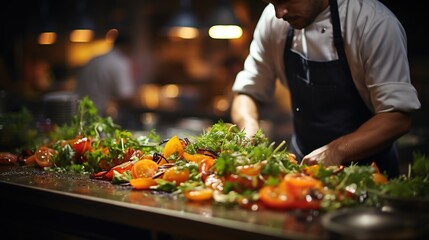 Chef preparing a delicious salad with fresh ingredients - obrazy, fototapety, plakaty
