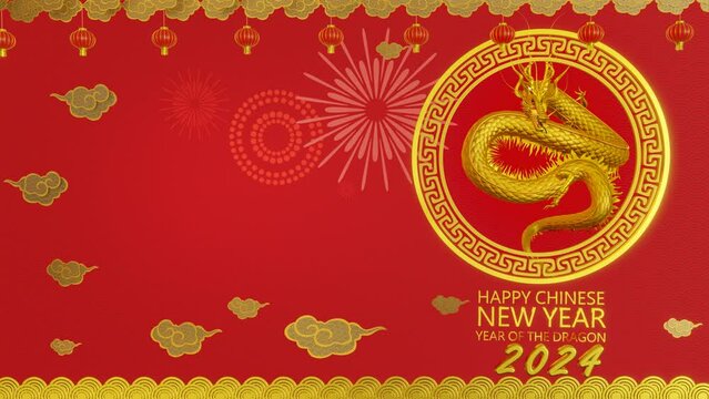 Background image for Chinese New Year 2024. New Year greeting theme: Flying golden dragon and auspicious red. Traditional Chinese red auspicious lantern. 3D Rendering	