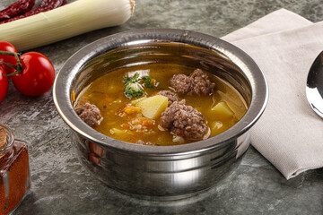 Soup with beef meatball and vegetables