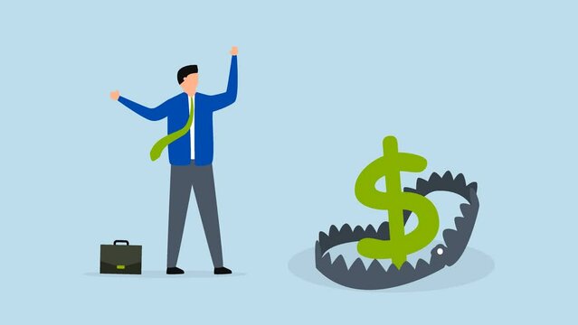 Financial money trap, With enormous money dollar sign bait, 4k animation of businessman investor runs and jumps into another money disaster.