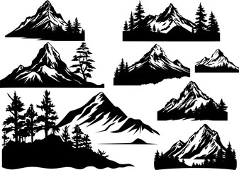 Set of mountain silhouettes on white background. Outdoor and travel concept. Vector Illustration. AI generated illustration.