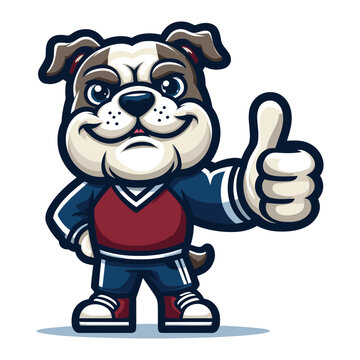 Cute cartoon bulldog puppy giving thumbs up mascot character design vector, logo template isolated on white background