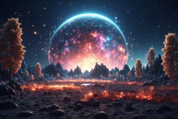 Foto op Plexiglas abstract Glowing particle Sparkles on alien planet landscape forest 3d rendering © Rafli