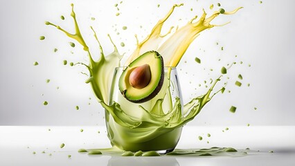 Avocado with splashes of juice close-up, cosmetics, isolated on a white background
