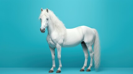 White horse with beautiful hairs and light blue background