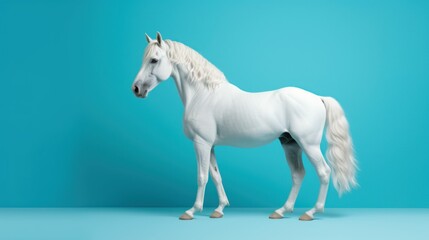 White horse with beautiful hairs and light blue background