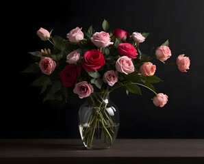 Pink and red rose blooming flower bouquet in glass vase on wooden table with dark black background
