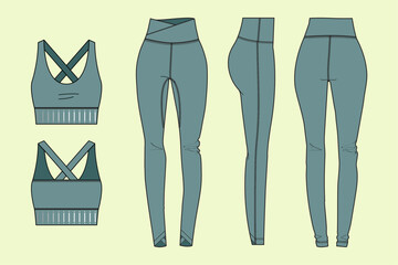 Flat sketch of women's active wear. Detailing of sports bra and leggings with panel. Technical flat sketch of women's activewear set.