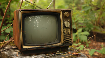 Vintage Television Abandoned in Forest Setting