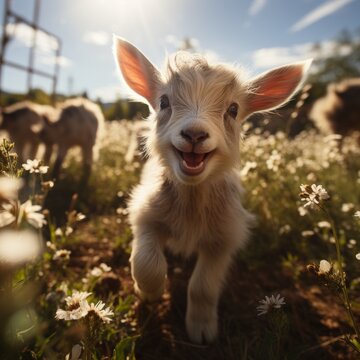 Photo of a baby goat kid frolicking in a meadow. Generative AI