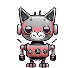 cartoon robot cat with headphones in pink and silver