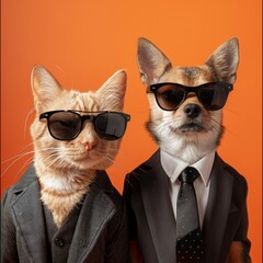 Cat and dog wearing sunglasses and a suit with a tie, solid color background