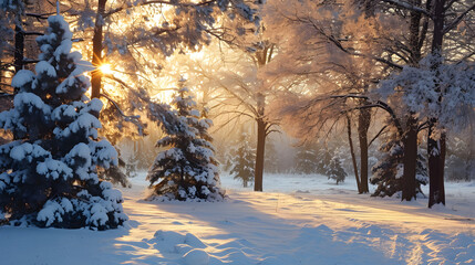 Winter Wonderland Sunrise Through Snowy Trees