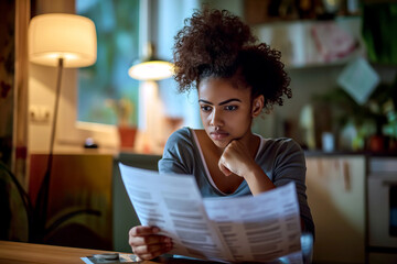 Afro Woman Reading Paper at Table, Reviewing Bills and Expenses for Economy - obrazy, fototapety, plakaty