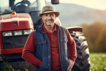Smiling middle aged male farmer standing next to tractor on farm