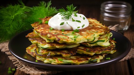 Vegetable zucchini cabbage pancakes or fritters with sour cream on wooden kitchen table
