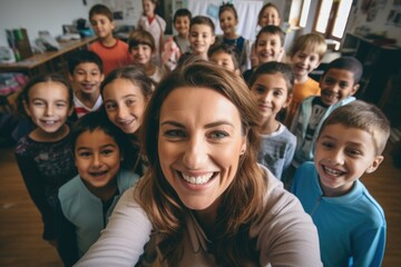 Smiling female teacher taking a selfie with her elementary students - obrazy, fototapety, plakaty