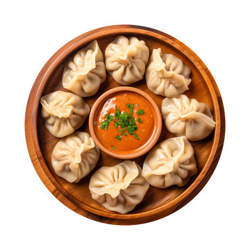 Dumpling momos with sauce in a wooden plate isolated on transparent background Remove png, Clipping Path, pen tool