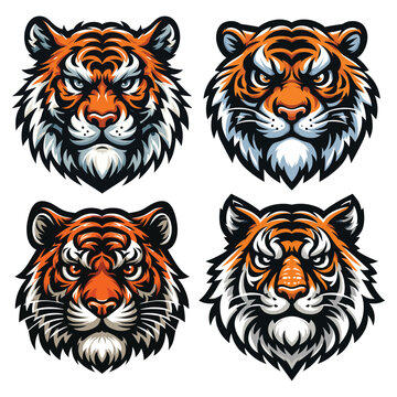 set of wild animal tiger head face mascot design vector illustration, logo template isolated on white background