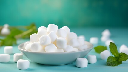 Fototapeta na wymiar Sweet marshmallow or zephyr in white plate on turquoise background, diet dessert, selective focus