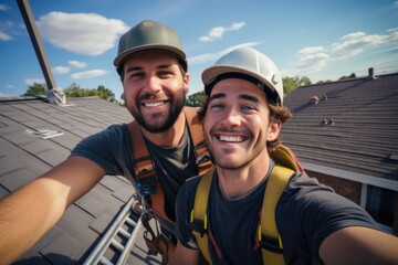Young male workers taking a selfie on the roof - obrazy, fototapety, plakaty