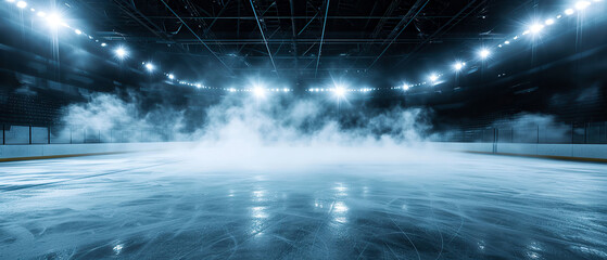 Ice Rink Background. Professional Arena illuminated neon lights, spotlights with smoke. Copyspace. Winter poster for hockey competitions. Ice skating. Stadium. Generative ai	