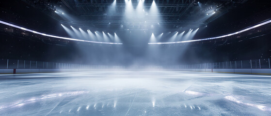 Ice Rink Background. Professional Arena illuminated neon lights, spotlights with smoke. Copyspace. Winter poster for hockey competitions. Ice skating. Stadium. Generative ai	 - obrazy, fototapety, plakaty