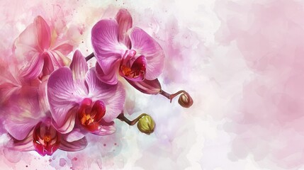 Fototapeta na wymiar Beautiful Orchids: These exotic flowers symbolize love, luxury, beauty, and strength, valentine theme, watercolor, banner, copy space.