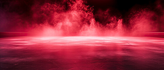 Red Ice Rink Background. Professional Arena illuminated red neon lights, spotlights with smoke. Copyspace. Winter poster for hockey competitions. Ice skating. Stadium. Generative ai	 - obrazy, fototapety, plakaty