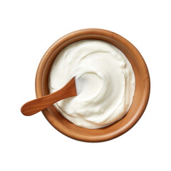 Wooden bowl with sour cream mayonnaise and yogurt with spoon isolated on transparent background Remove png, Clipping Path, pen tool