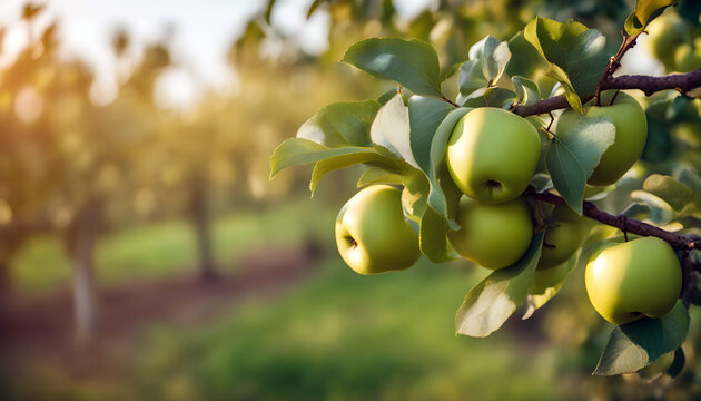 Beautiful Fruit farm with apple trees, Branch with natural apples on blurred background of apple orchard.