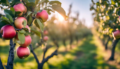 Beautiful Fruit farm with apple trees, Branch with natural apples on blurred background of apple orchard. - obrazy, fototapety, plakaty