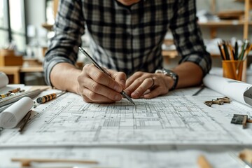 Concept architects, engineer holding pen pointing equipment architects On the desk with a blueprint in the office, Vintage, Sunset light.Selective Focus