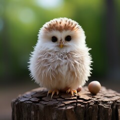 Photo of a baby puffball mushroom-shaped owl chick. Generative AI