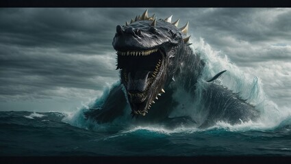A massive marine creature materializes from the ocean, its razor-sharp teeth bulging from its gaping maw and eager to eat everything that gets in its way. - obrazy, fototapety, plakaty