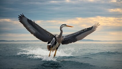 A majestic great heron soars above the vast expanse of the ocean, its wings outstretched - obrazy, fototapety, plakaty