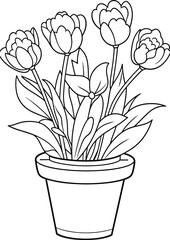 Tulip flower coloring page, simple flat flower outline, floral illustration